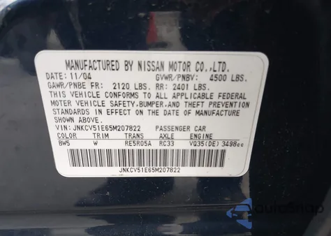 2005 Infiniti G35 z USA, uszkodzony, nr VIN JNKCV51E65M207822